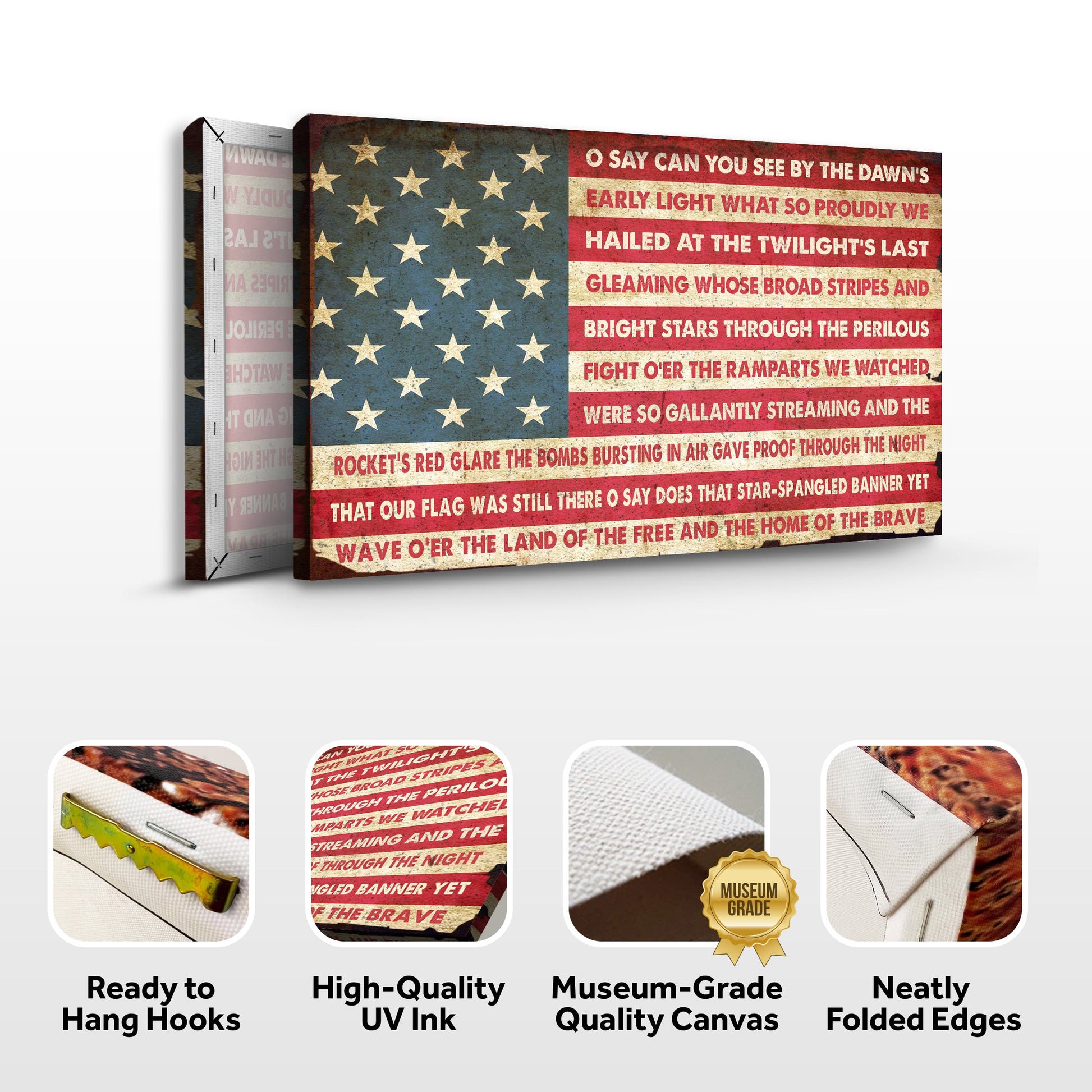 Canvas print with American flag design and text, featuring high-quality UV ink and museum-grade canvas.