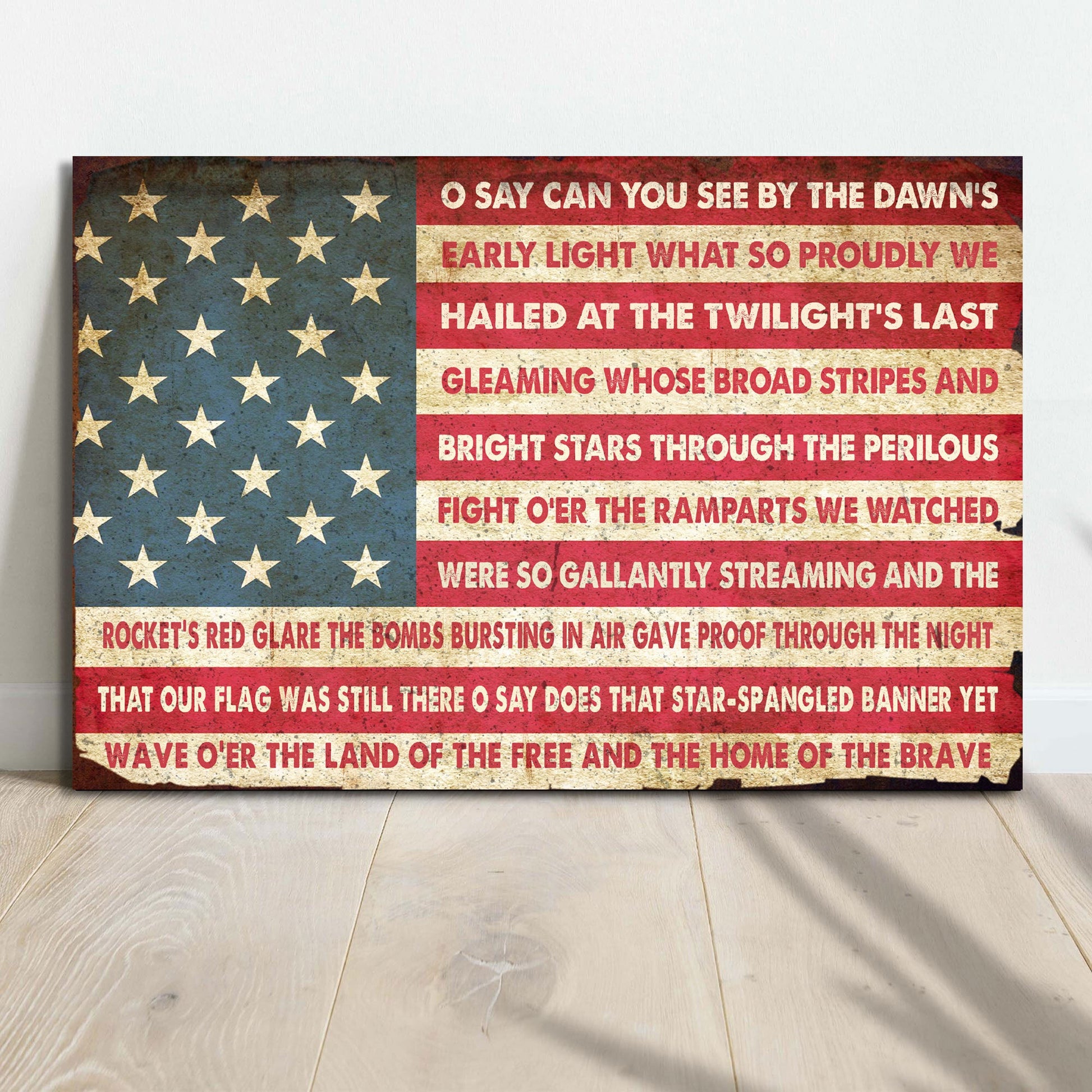 American flag design with text on a wooden floor