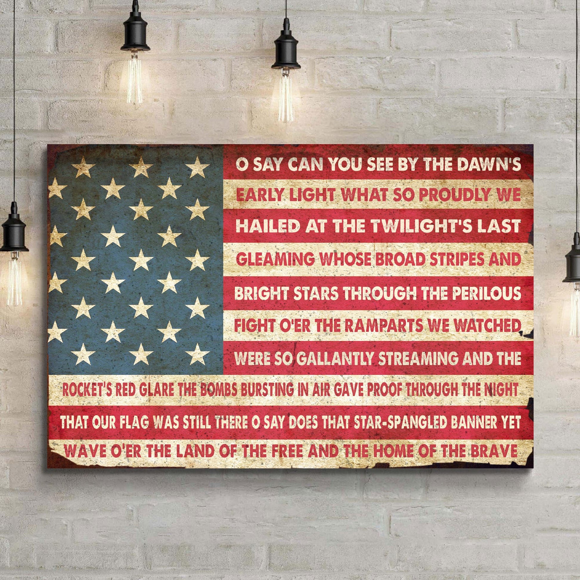 American flag with text on a brick wall background