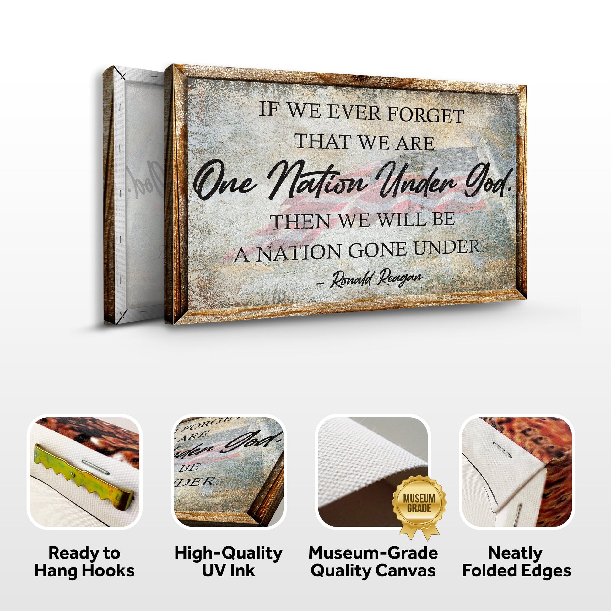 Decorative wall art with a quote on a white background, featuring 'Ready to Hang Hooks', 'High-Quality UV Ink', 'Museum-Grade Quality Canvas', and 'Neatly Folded Edges' text.