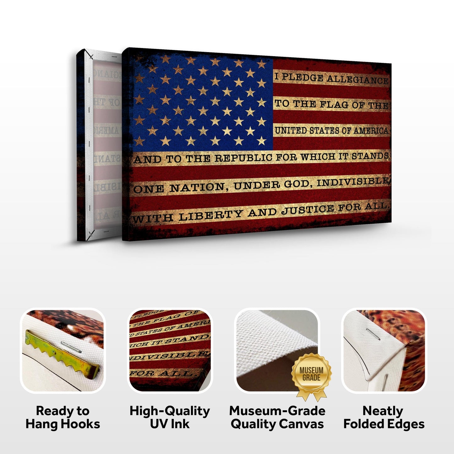 Canvas print of the American flag with text, ready to hang, featuring high-quality UV ink and museum-grade canvas.