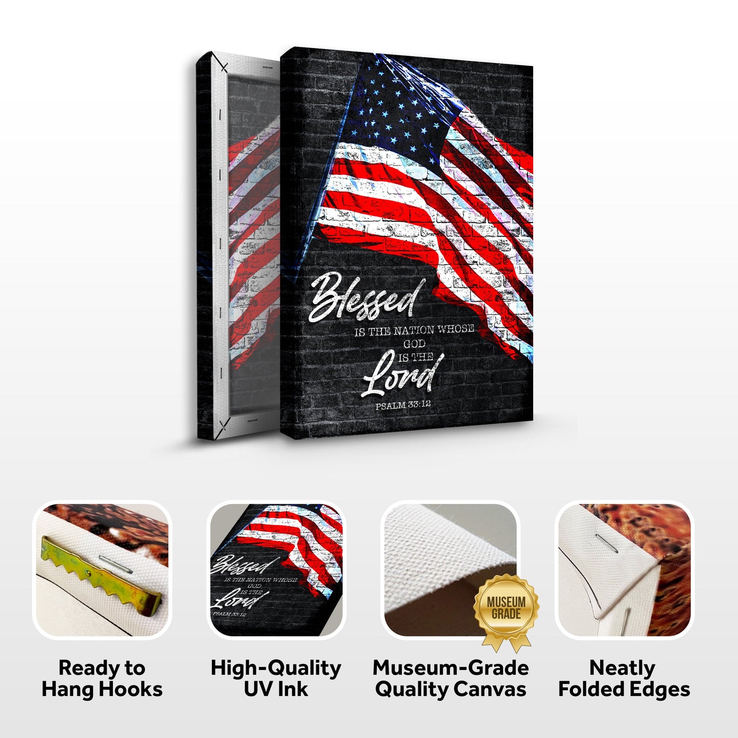 Canvas print with American flag design and text, featuring quality features on a white background.