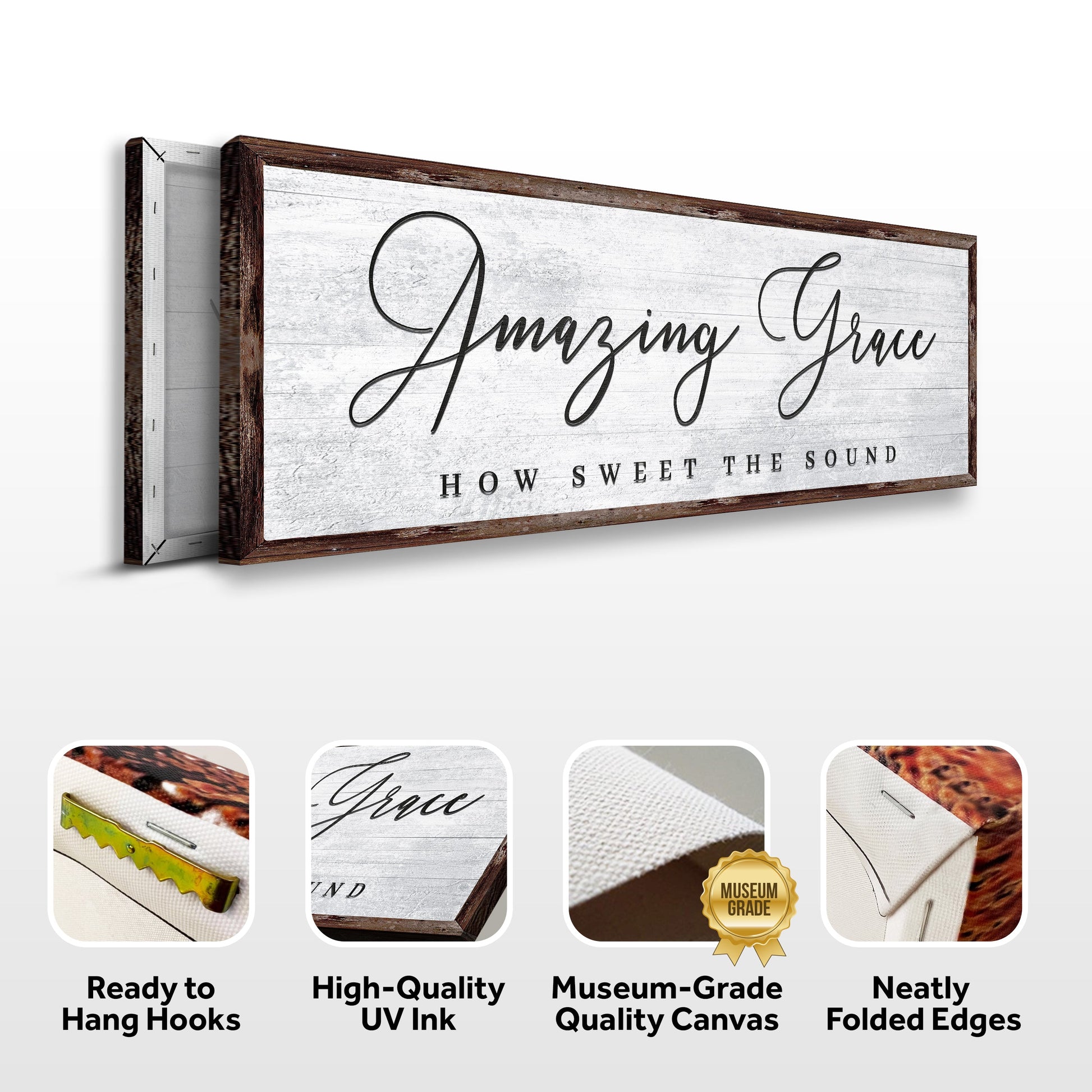 Decorative wall sign with 'Amazing Grace' text, framed in brown wood, on a white background.