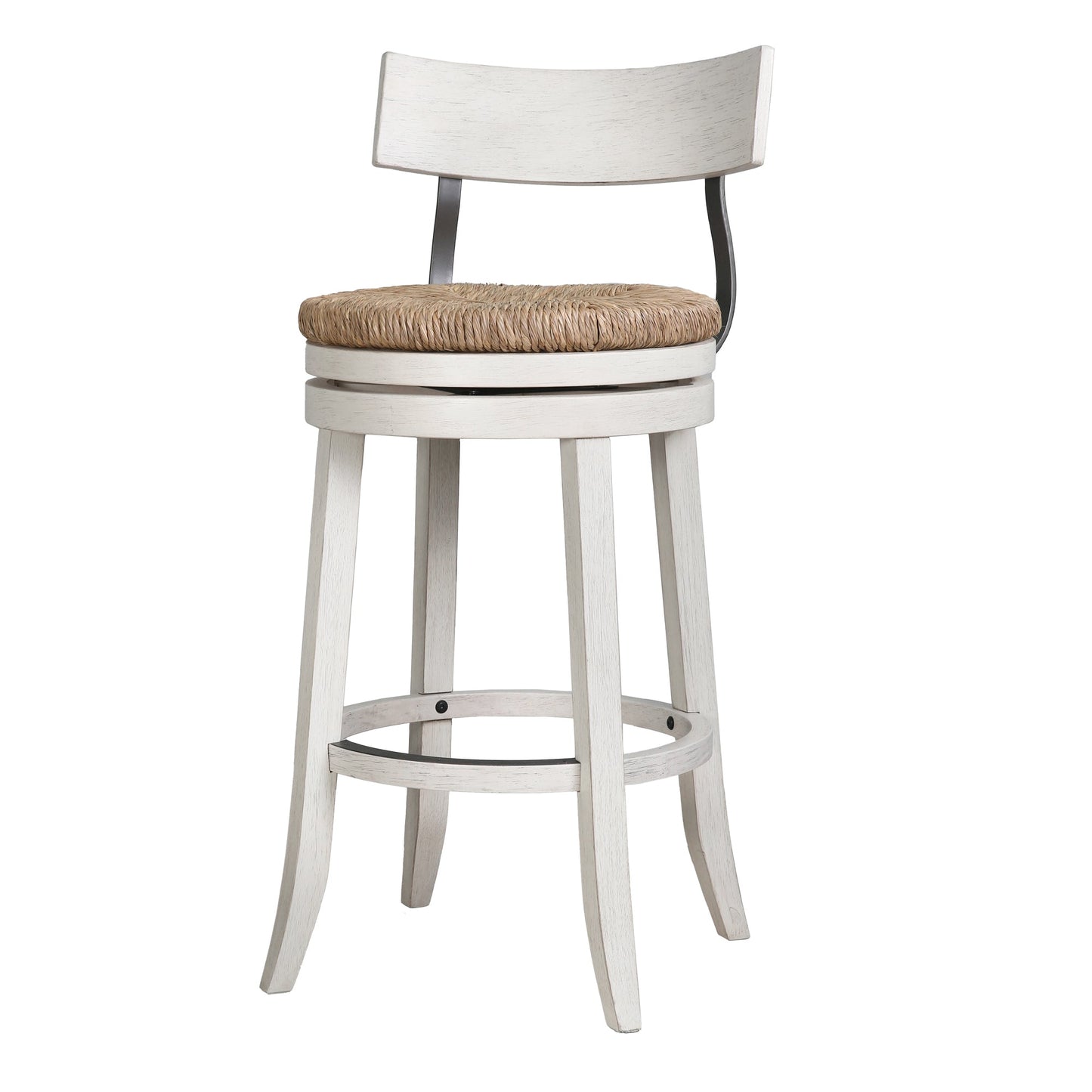 Eden Stool with Seagrass Seat in Reclaimed White features a solid wood design and iron backrest support.