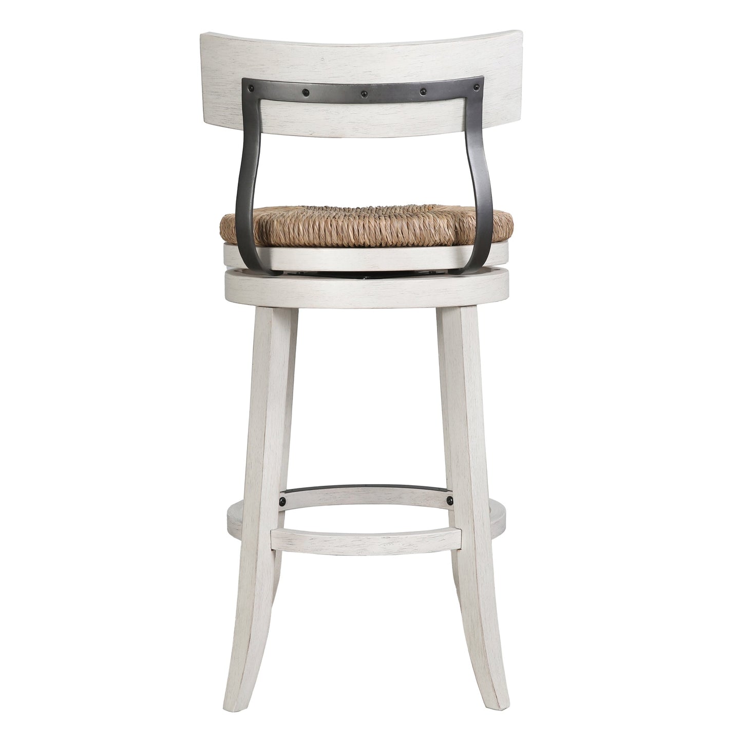 Eden Stool with Seagrass Seat in Reclaimed White showcasing solid wood and iron backrest design.
