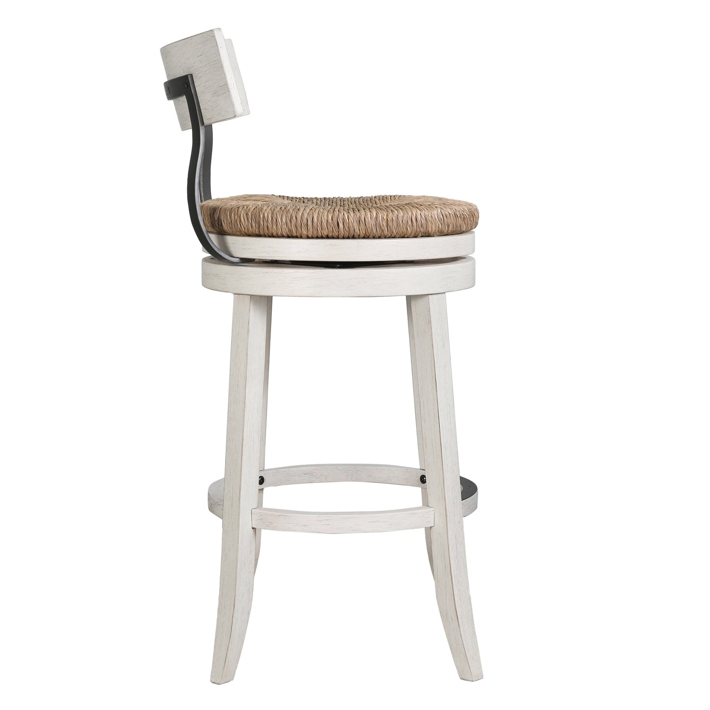 Eden Stool with Seagrass Seat in Reclaimed White side view showcasing solid wood construction and iron backrest.