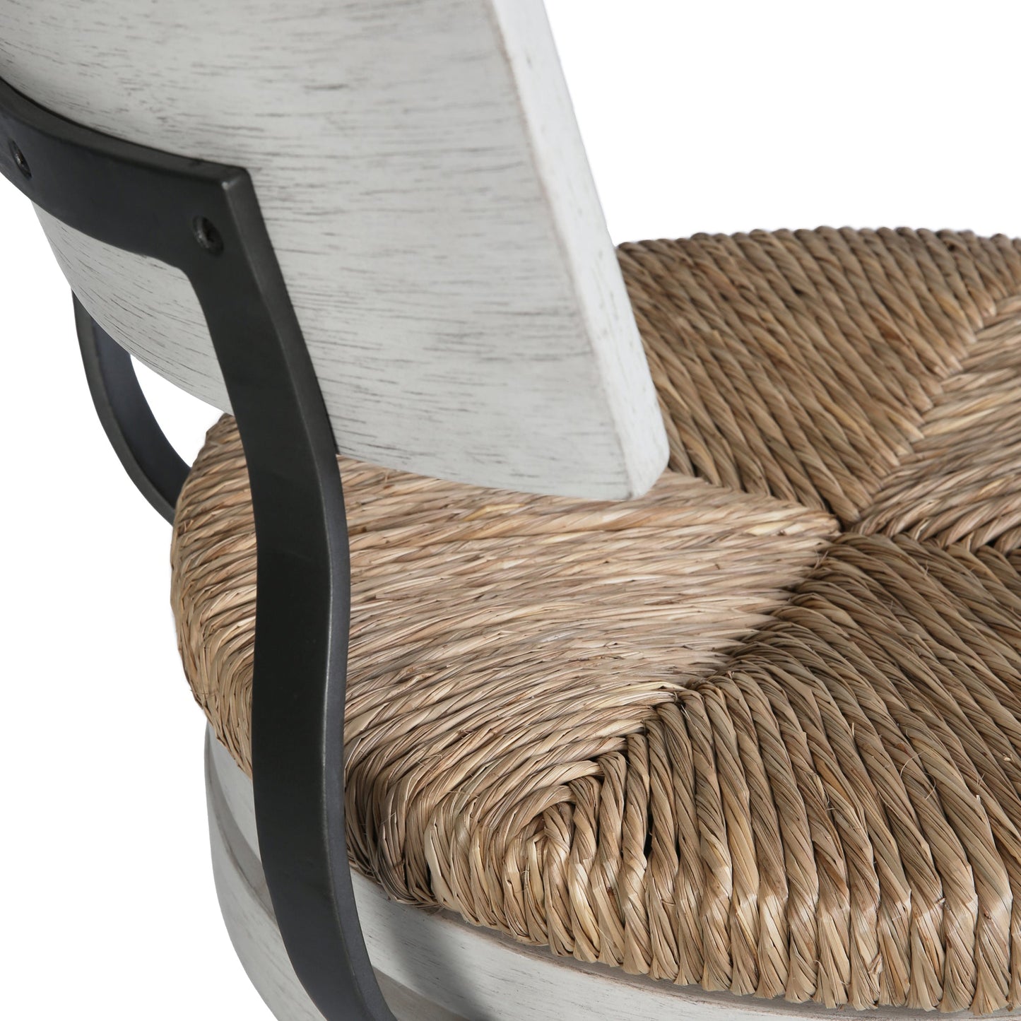 Eden Stool with Seagrass Seat in Reclaimed White showing the natural seagrass seat and metal backrest support.