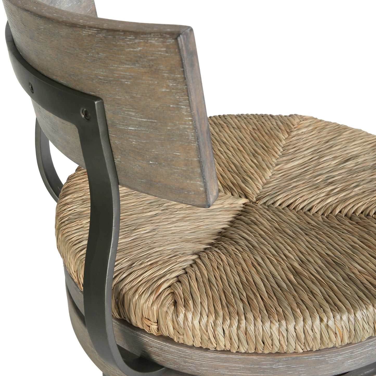 Eden Stool with Seagrass Seat in Gray showing the backrest and natural seagrass seat detail.