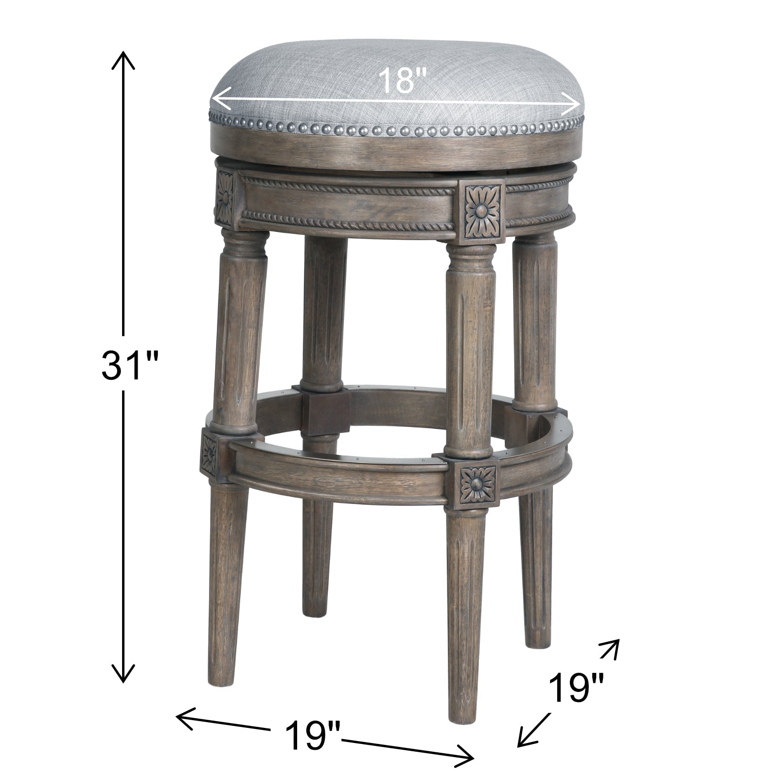 Backless Charlotte Barstool in Grey with dimensions: height 31", seat diameter 18", width 19".