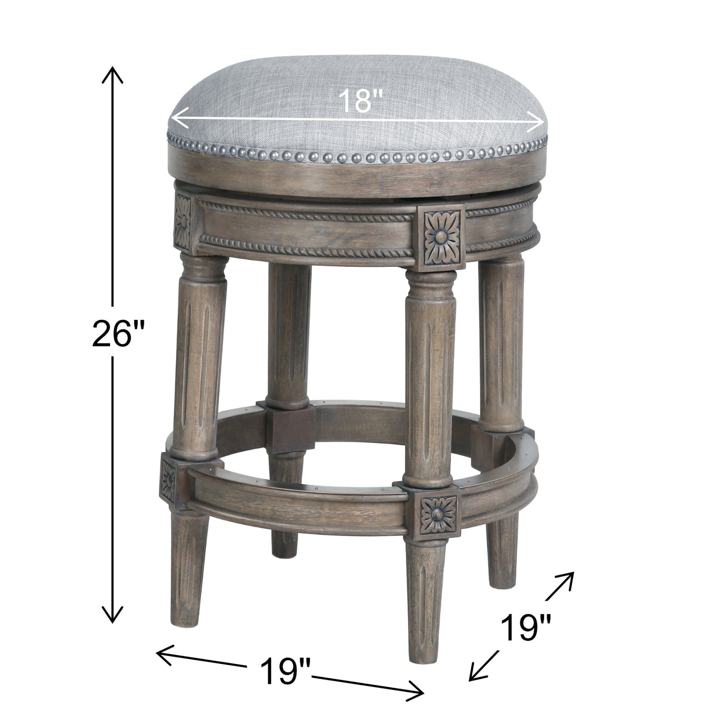 Backless Charlotte Barstool in Grey with dimensions 18"L x 19"W x 26"H, featuring solid wood construction and plush seat.