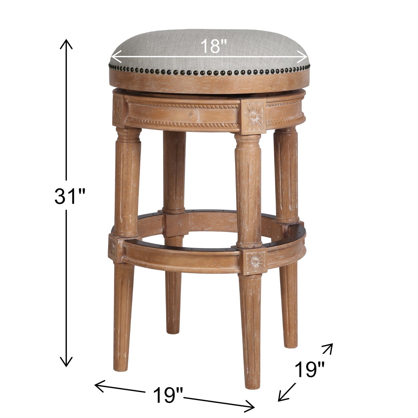 Backless Charlotte Barstool in Oak with plush seat and hand-crafted wooden legs, measuring 31 inches high and 19 inches wide.