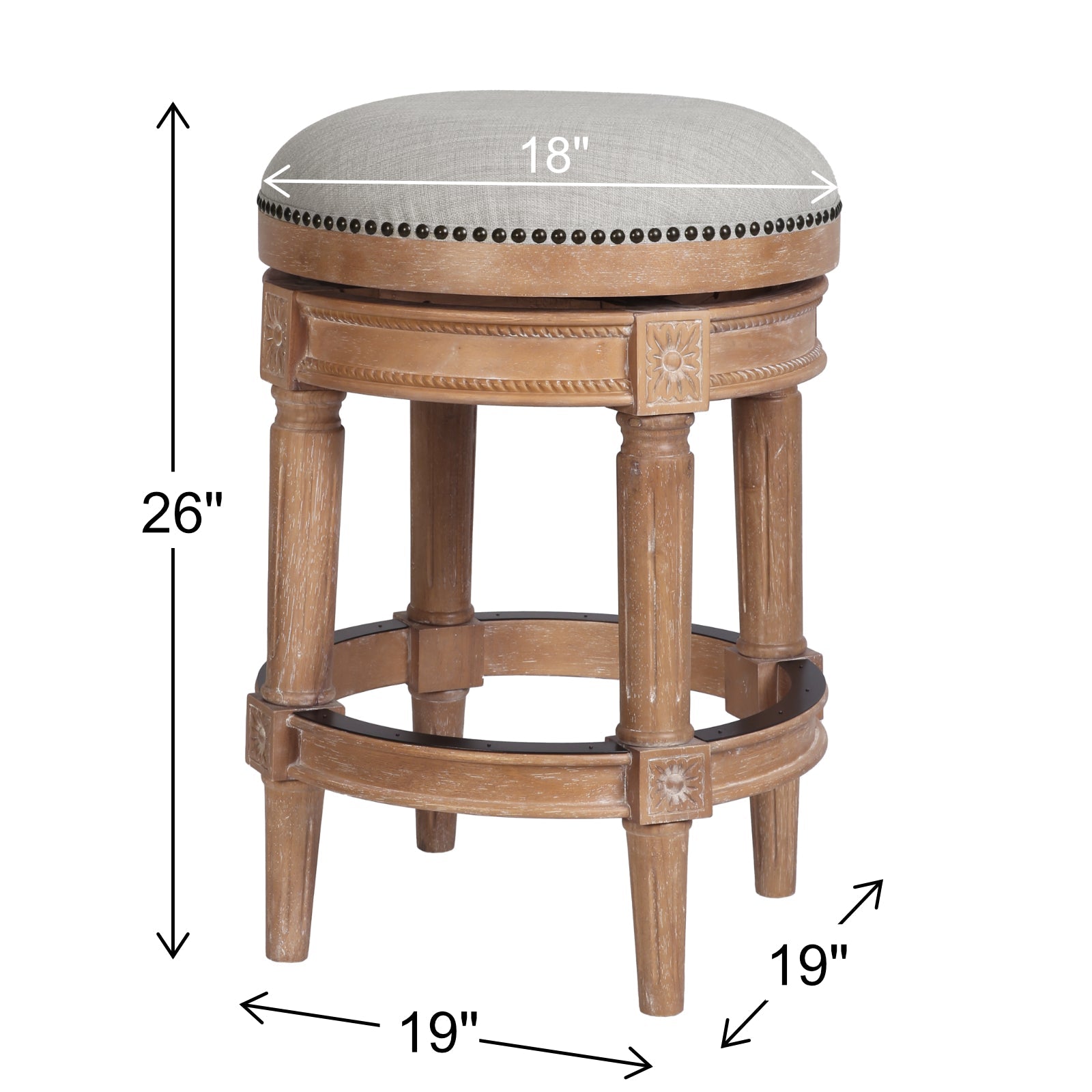 Backless Charlotte Barstool in Oak with dimensions: 18" seat diameter, 26" height, 19" base diameter.