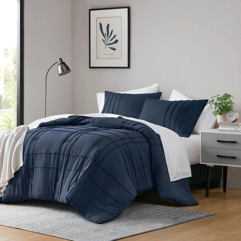 Twin/Twin XL Microfiber Pleated Bohemian style Pre-Washed Comforter Set in Navy