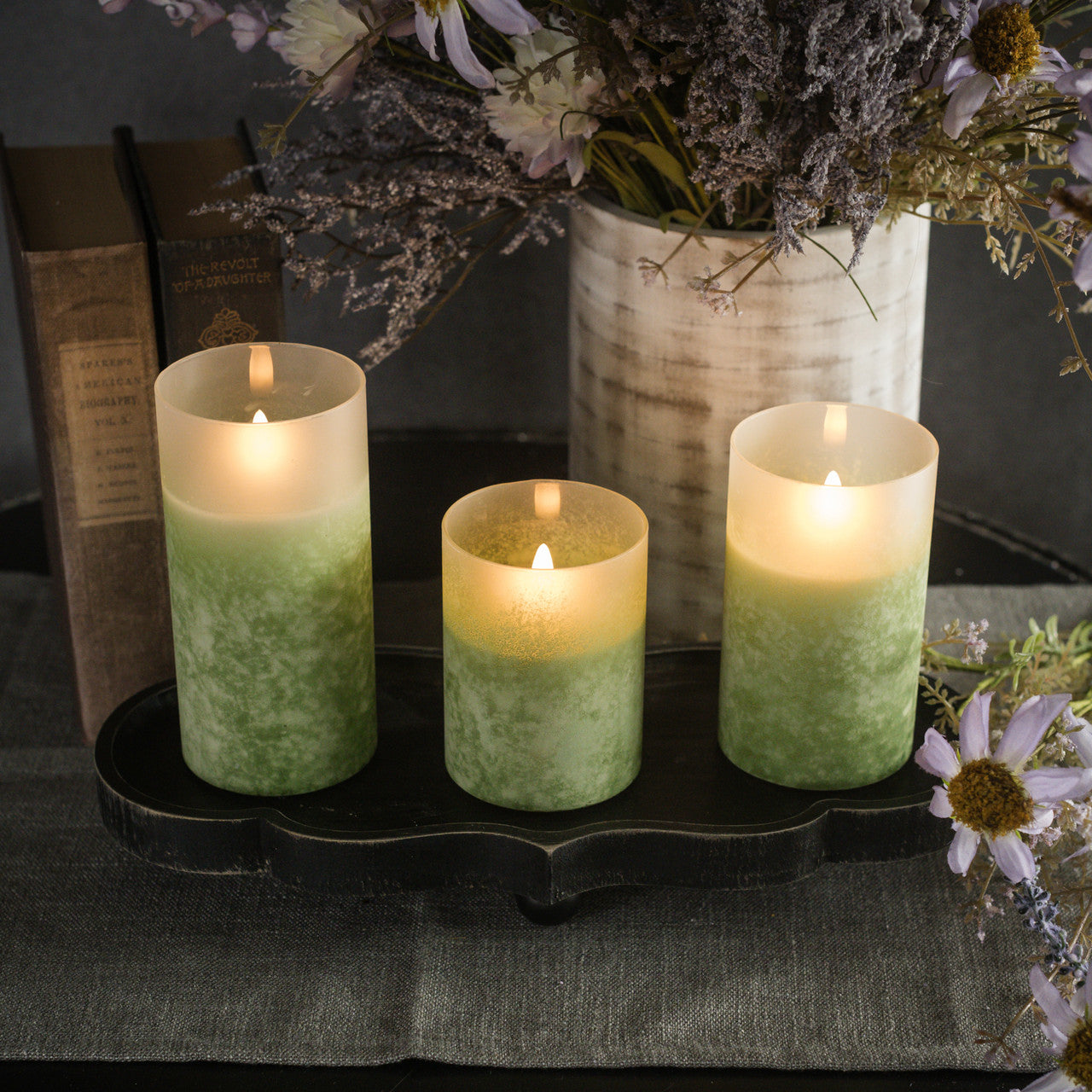 Green Frosted Glass LED Flickering Flame Candle | 3 Sizes