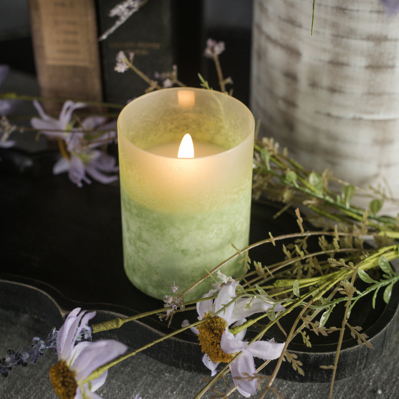 Green Frosted Glass LED Flickering Flame Candle | 3 Sizes