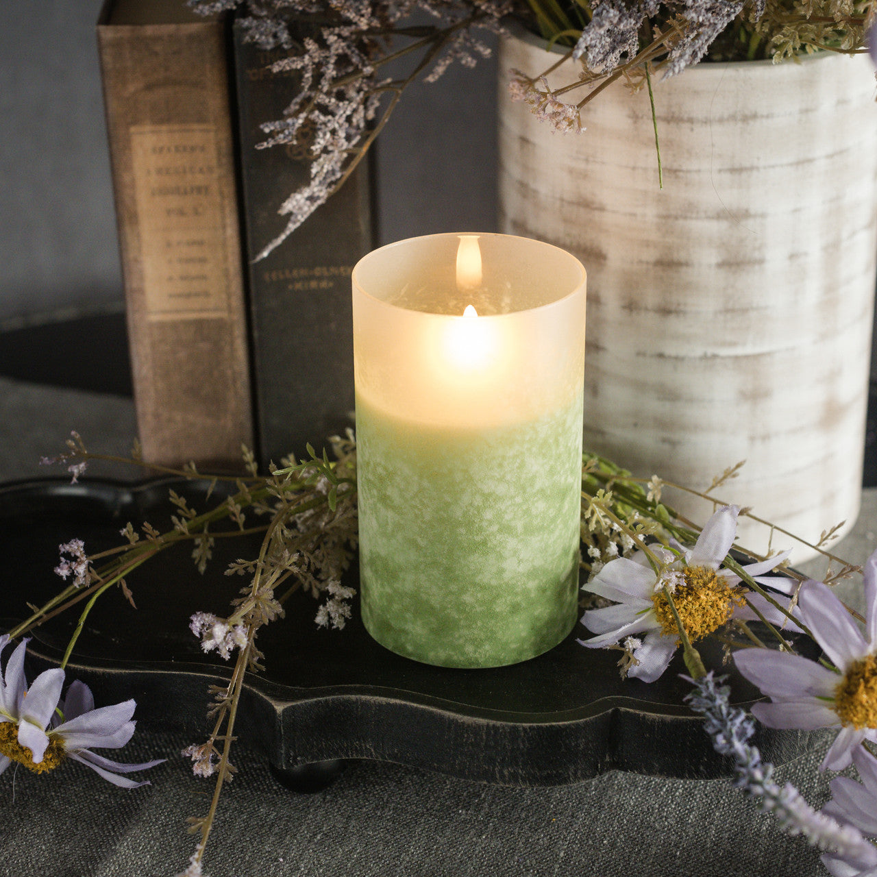 Green Frosted Glass LED Flickering Flame Candle | 3 Sizes