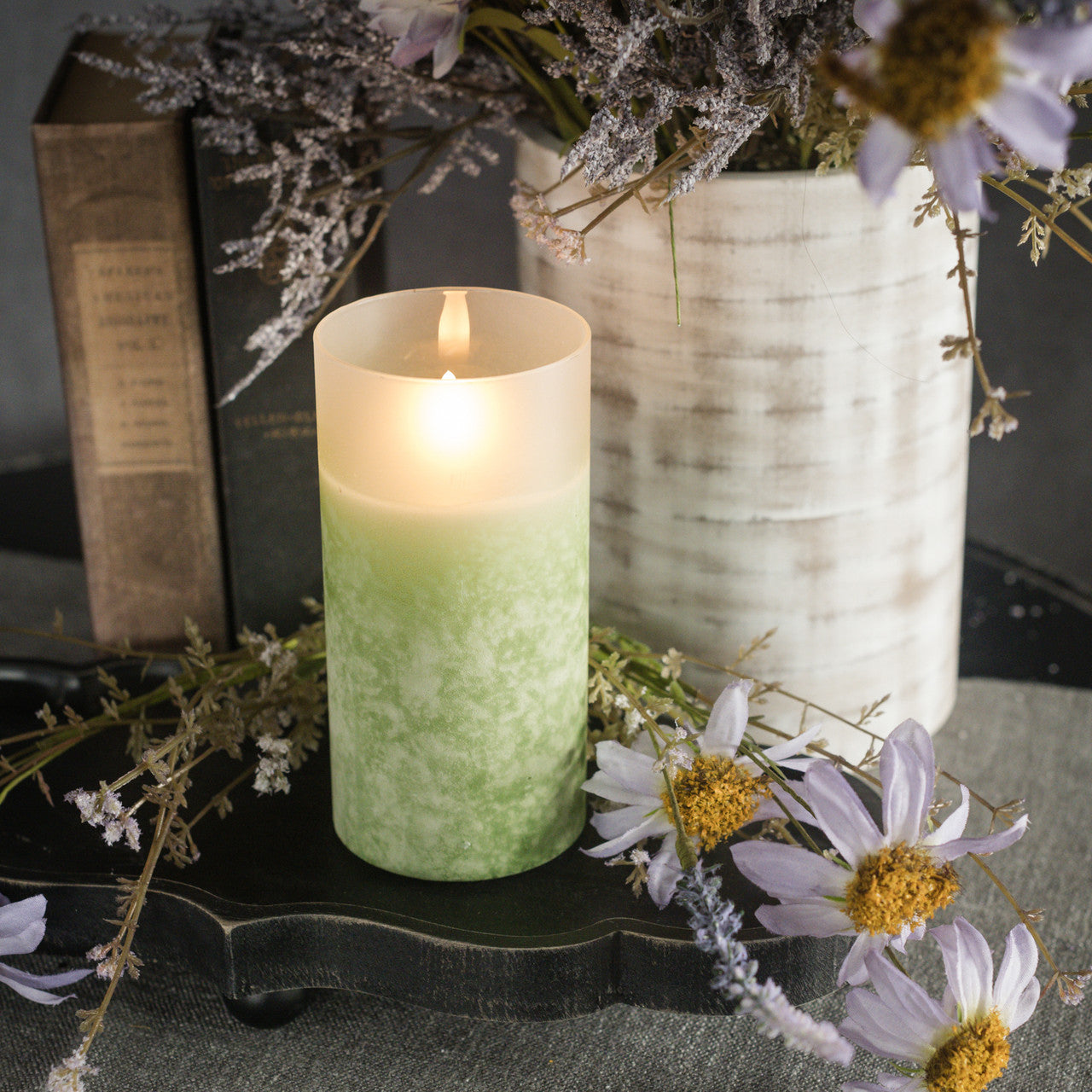 Green Frosted Glass LED Flickering Flame Candle | 3 Sizes