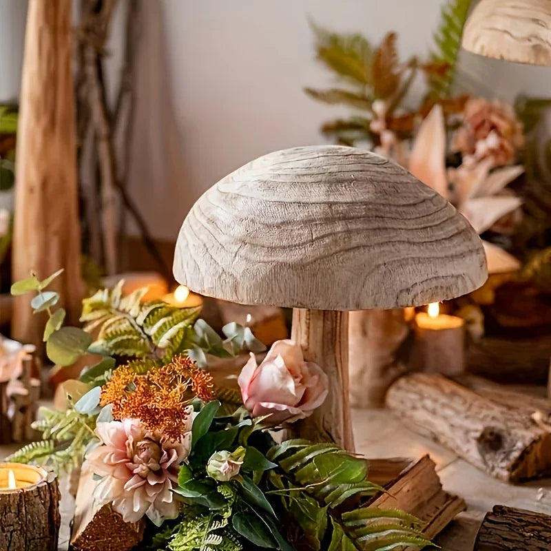 Natural Wooden Mushroom Sculpture for Rustic & Scandinavian Home Decor