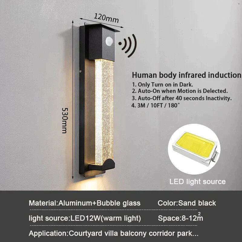 Diane's LED Wall Lighting with PIR Motion Sensor - Crystal Outdoor IP65 Waterproof Sconce for Balcony and Garden