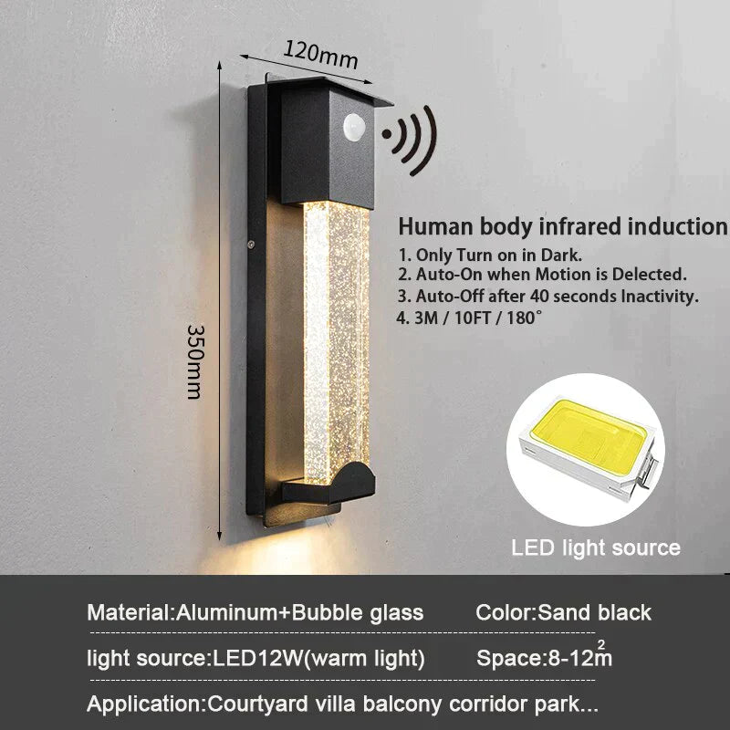 Diane's LED Wall Lighting with PIR Motion Sensor - Crystal Outdoor IP65 Waterproof Sconce for Balcony and Garden