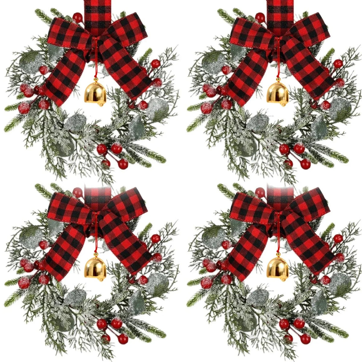 Norfolk Pine 9-Inch Mini Christmas Wreath Set with Red Berries & Plaid Bow