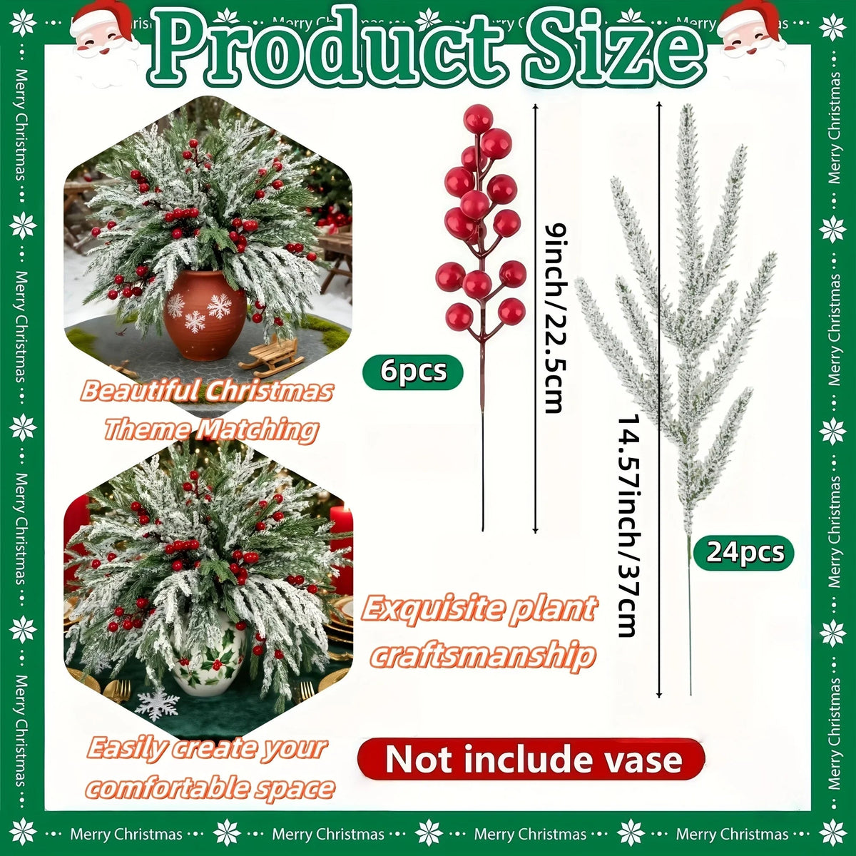 Norfolk Pine Branches - 30pcs Green with Red Berries Artificial Christmas Decor