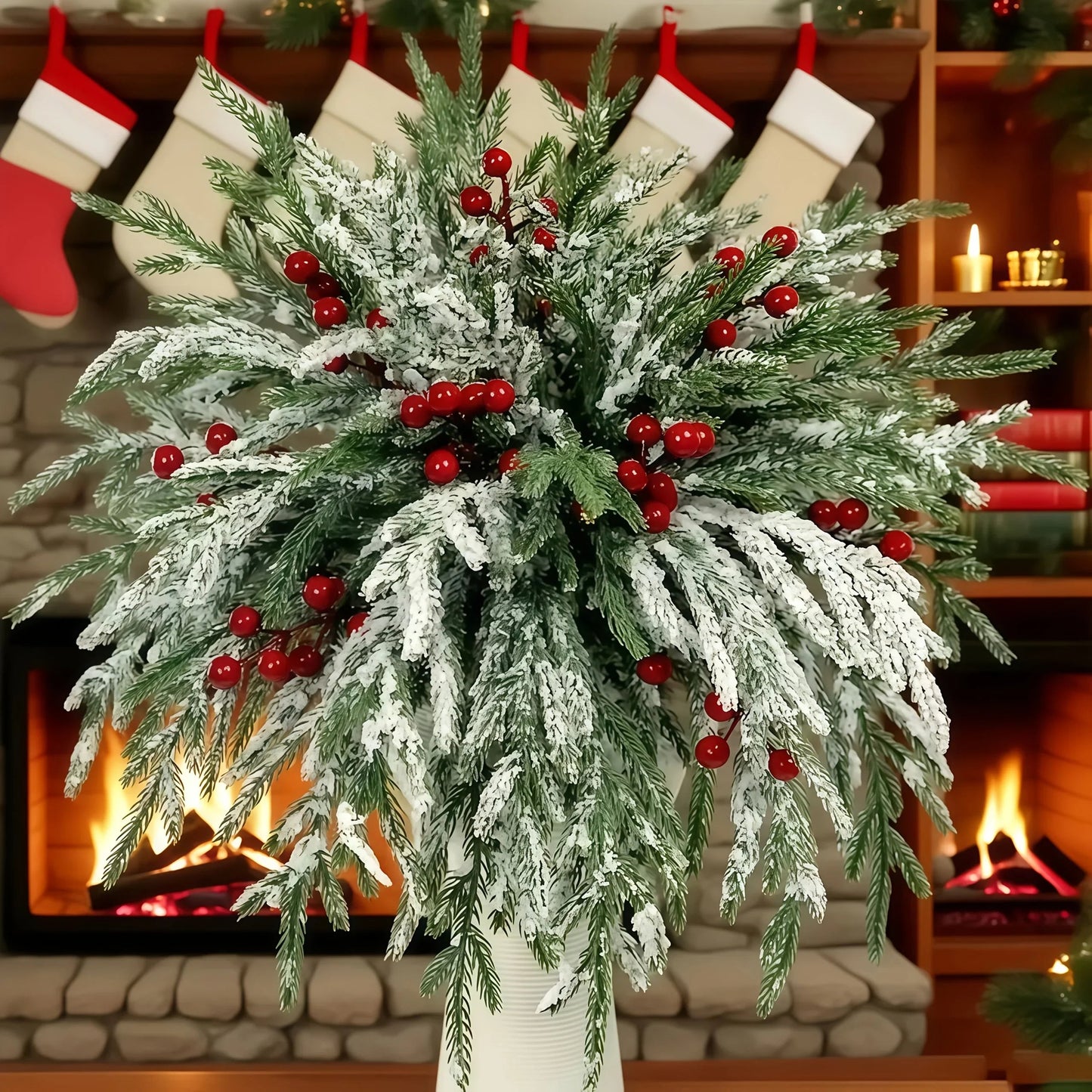 Norfolk Pine Branches - 30pcs Green with Red Berries Artificial Christmas Decor
