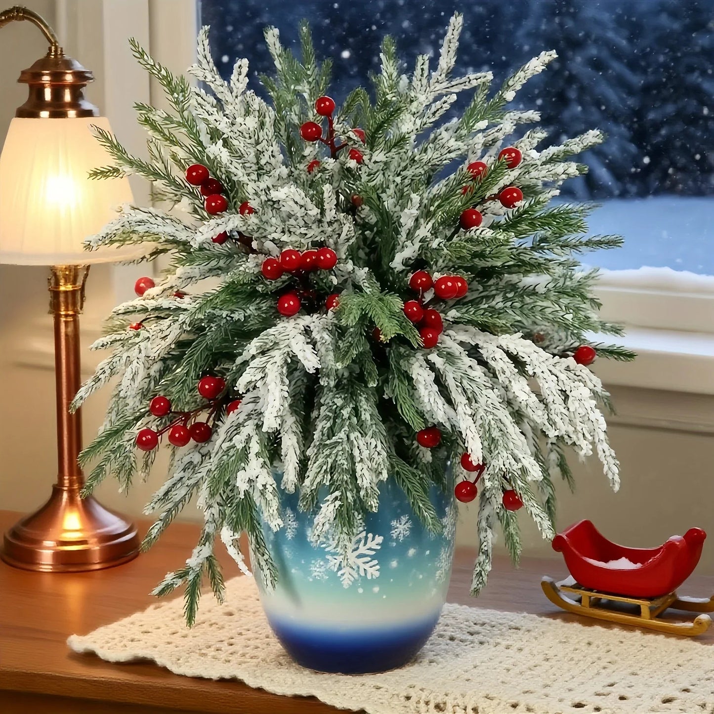 Norfolk Pine Branches - 30pcs Green with Red Berries Artificial Christmas Decor