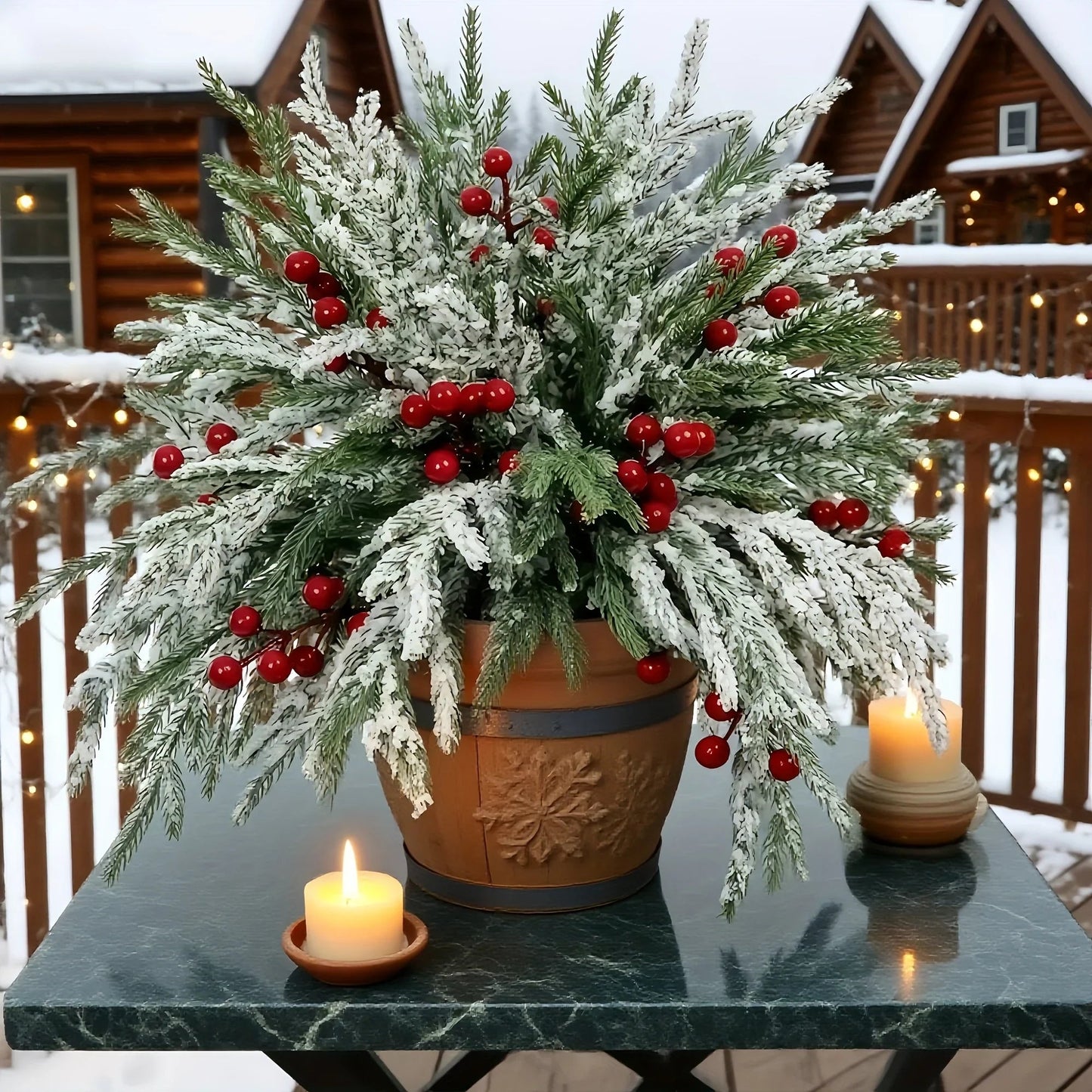 Norfolk Pine Branches - 30pcs Green with Red Berries Artificial Christmas Decor