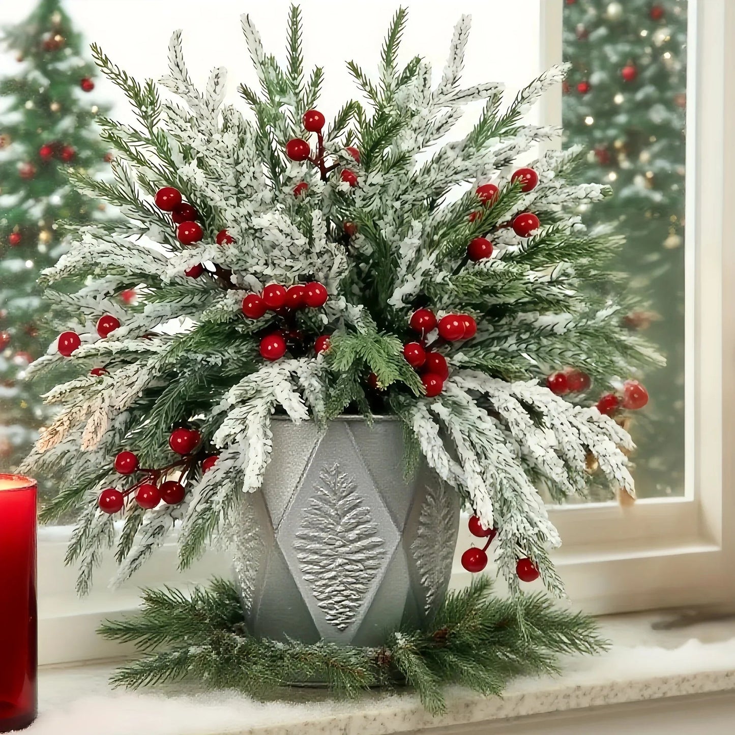 Norfolk Pine Branches - 30pcs Green with Red Berries Artificial Christmas Decor