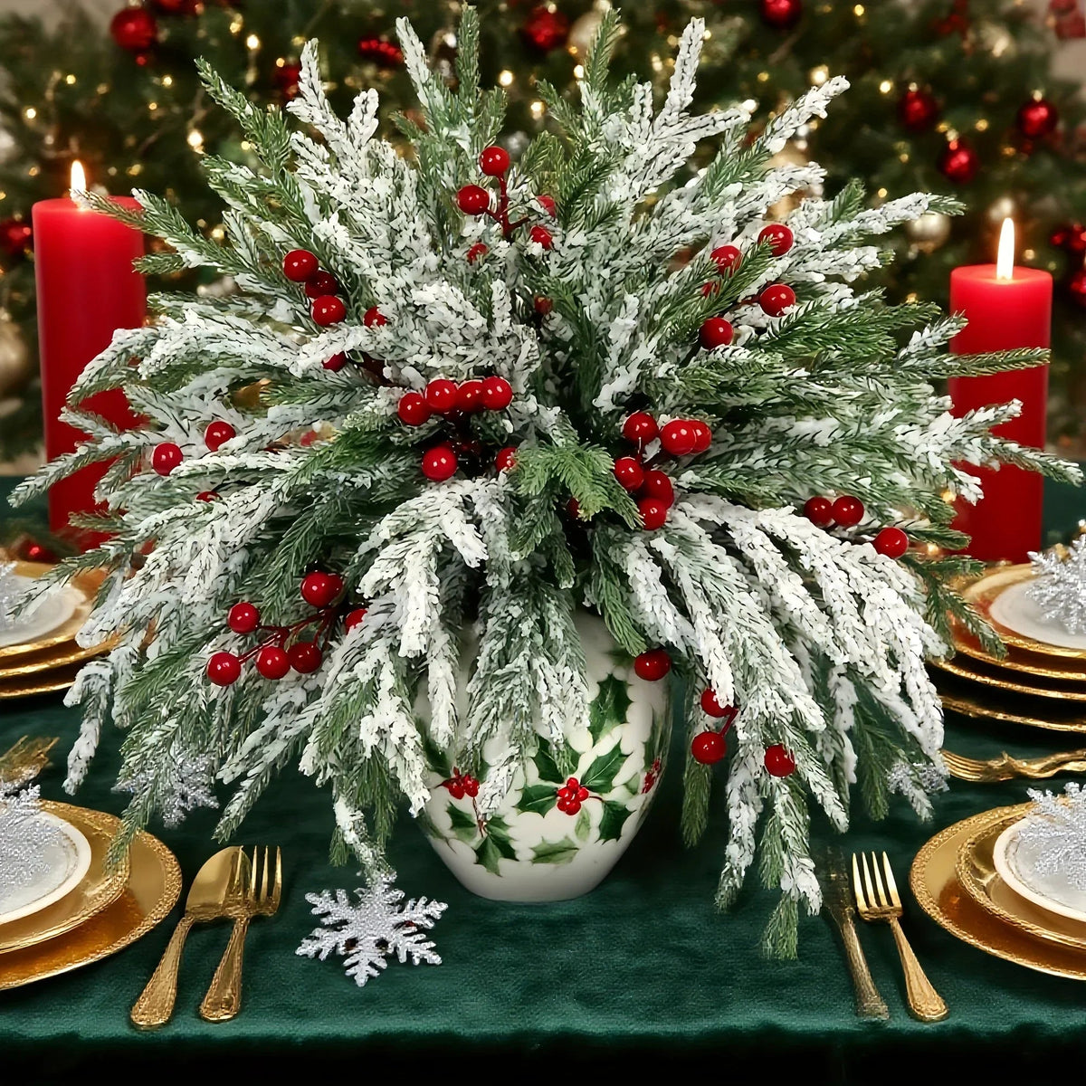 Norfolk Pine Branches - 30pcs Green with Red Berries Artificial Christmas Decor