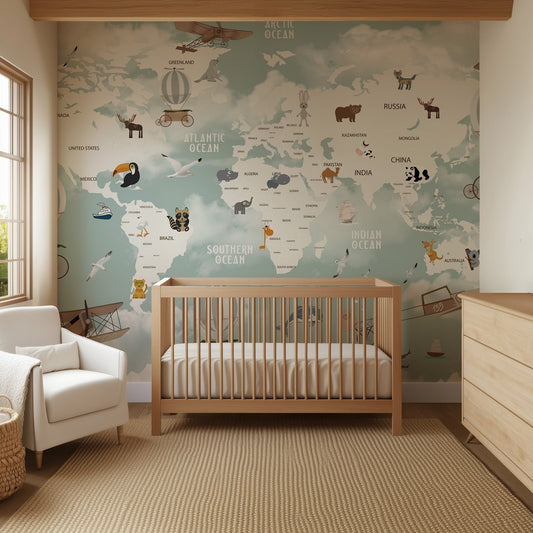 Little Explorer World Map Mural | Educational Nursery Wallpaper