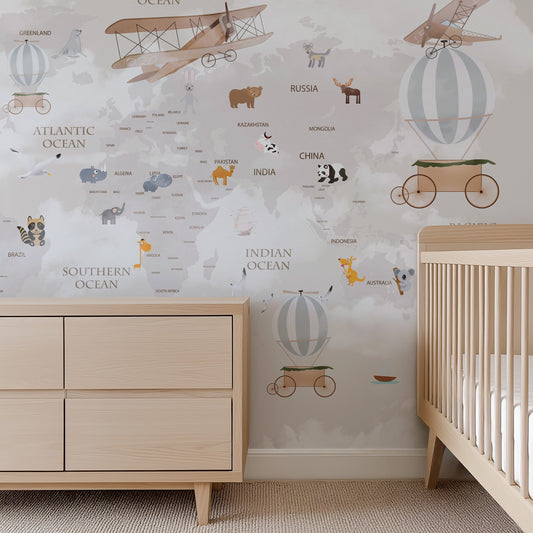 Little Aviator Animal World Map Mural | Kids Nursery Wallpaper