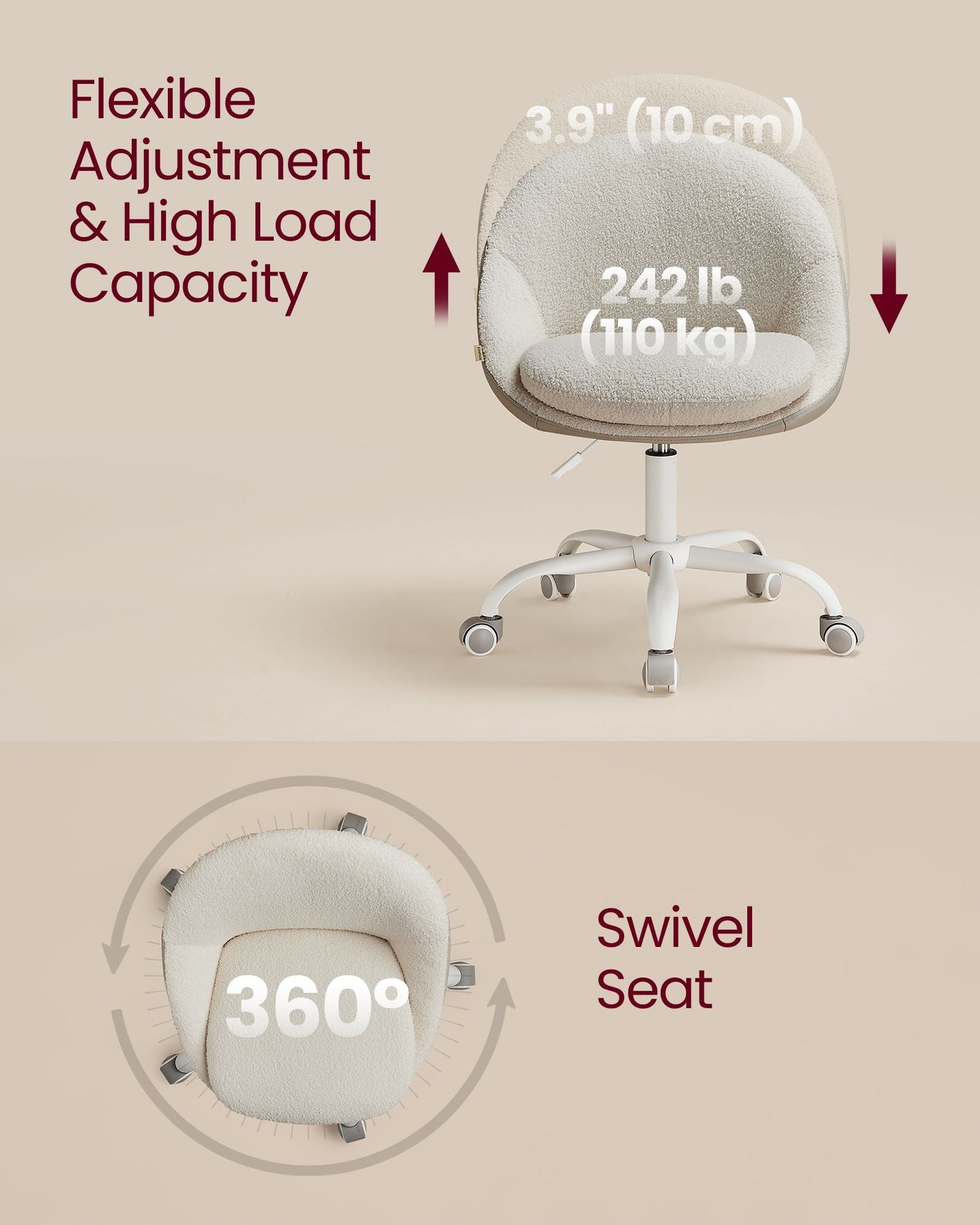 Swivel vanity chair with back and wheels in sherpa and synthetic leather