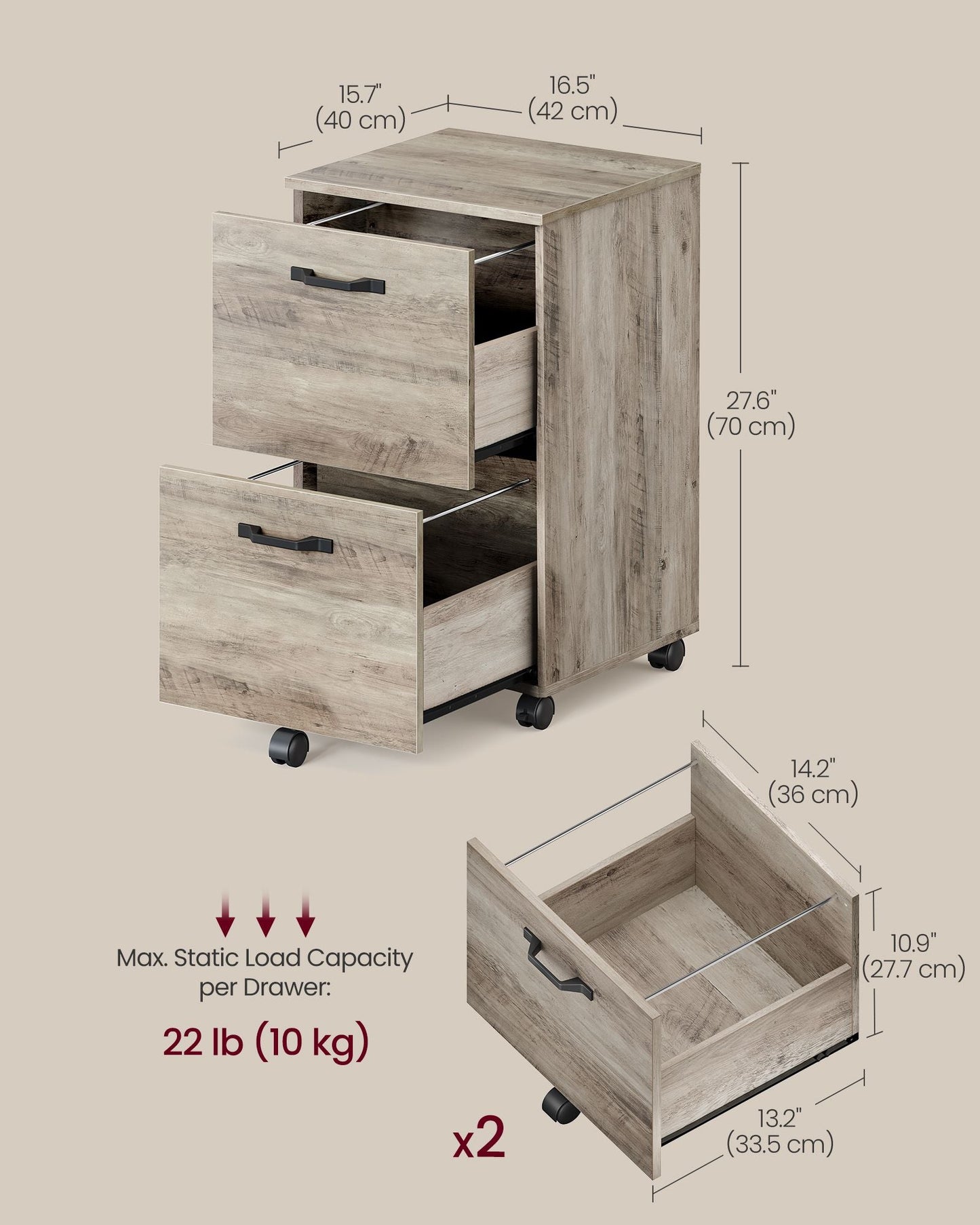 2-Drawer File Cabinet, Small Rolling Filing Cabinet for Home Office, Heather Greige
