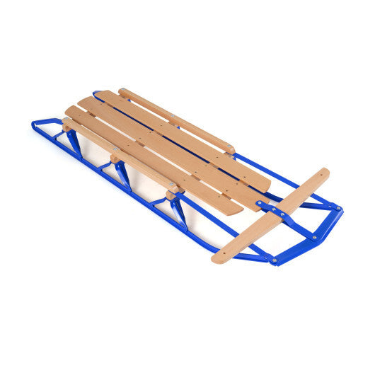 54 Inch Wood Snow Sled with Metal Runners and Steering Bar-Blue