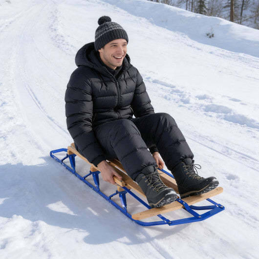 54 Inch Wood Snow Sled with Metal Runners and Steering Bar-Blue