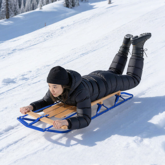 54 Inch Wood Snow Sled with Metal Runners and Steering Bar-Blue