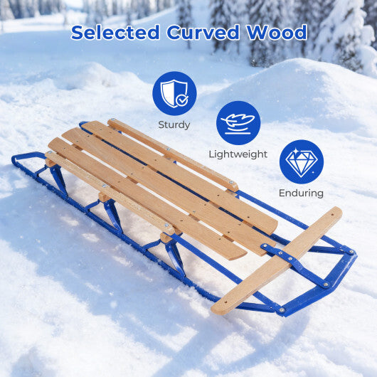 54 Inch Wood Snow Sled with Metal Runners and Steering Bar-Blue