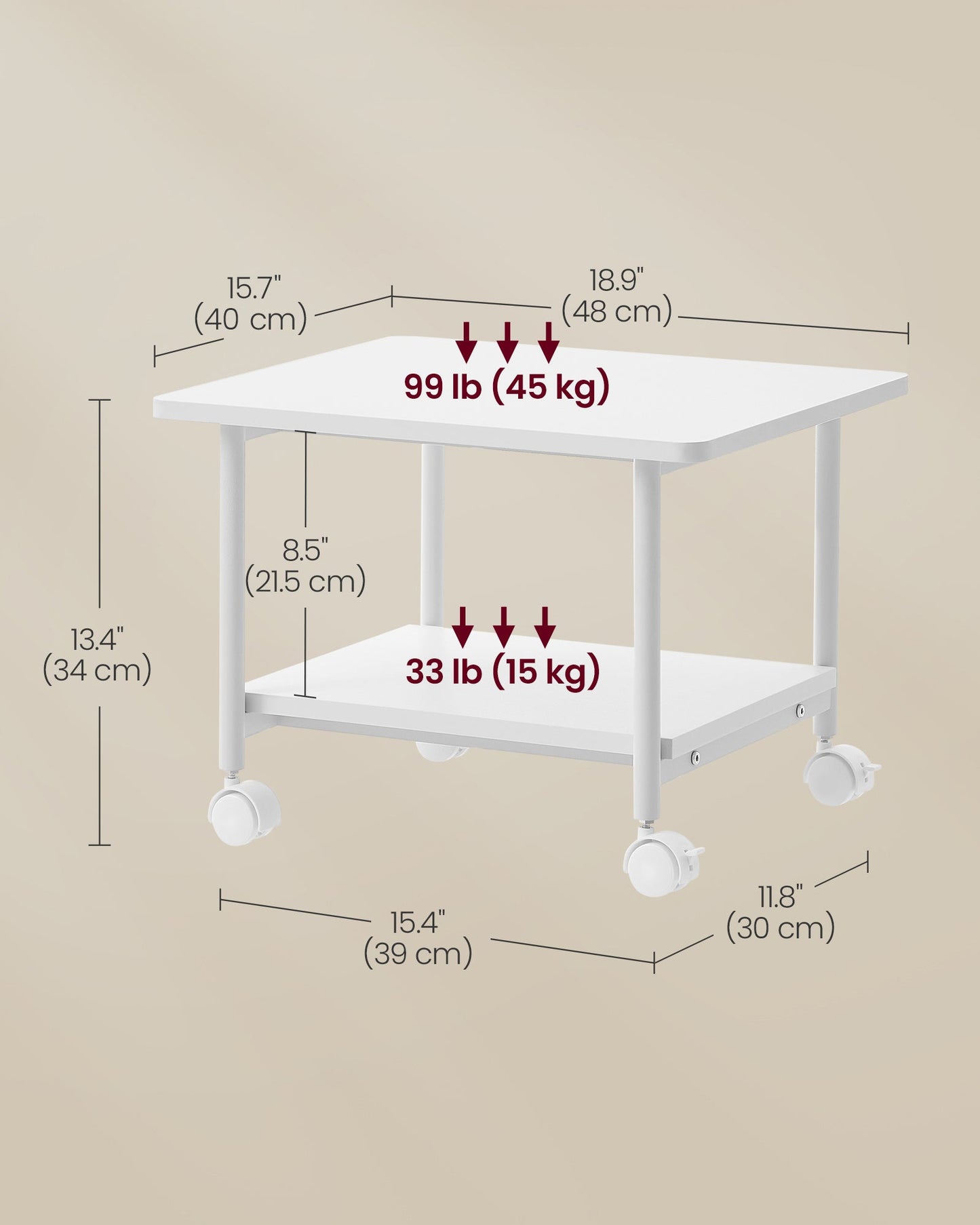 Printer Stand with Locking Wheels, 2-Tier Shelf, White