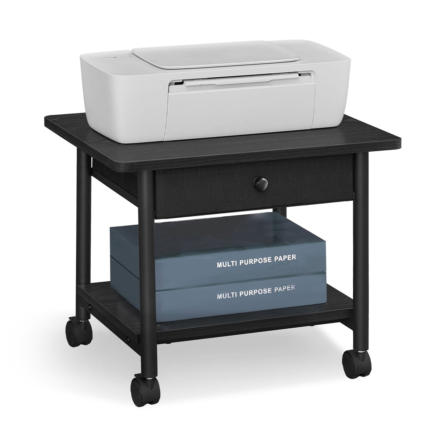 Printer Stand with Locking Wheels, 2-Tier Shelf, Ebony Black and Black