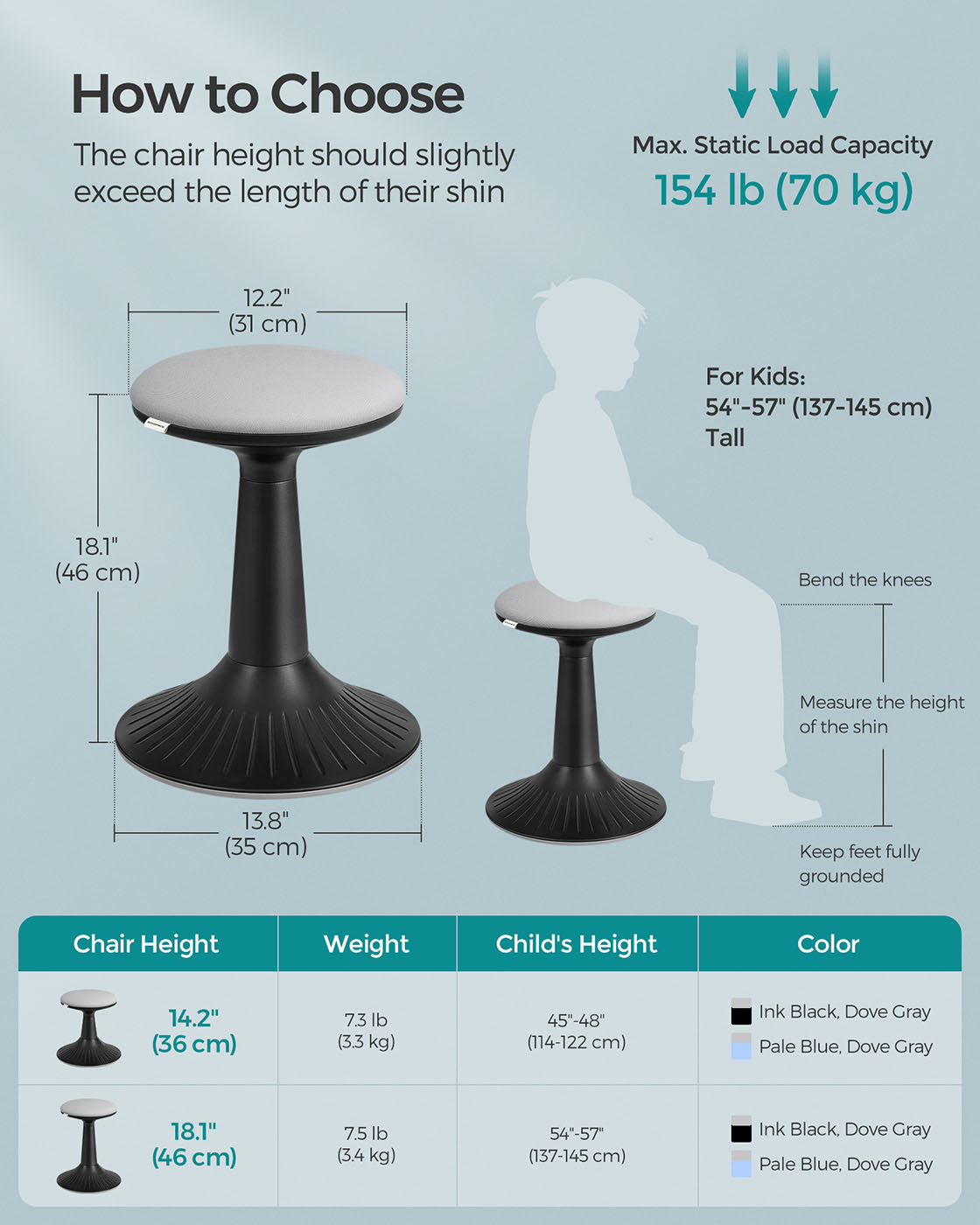 14.2" High Wiggle Stool for Kids Ages 8-12, Set of 2