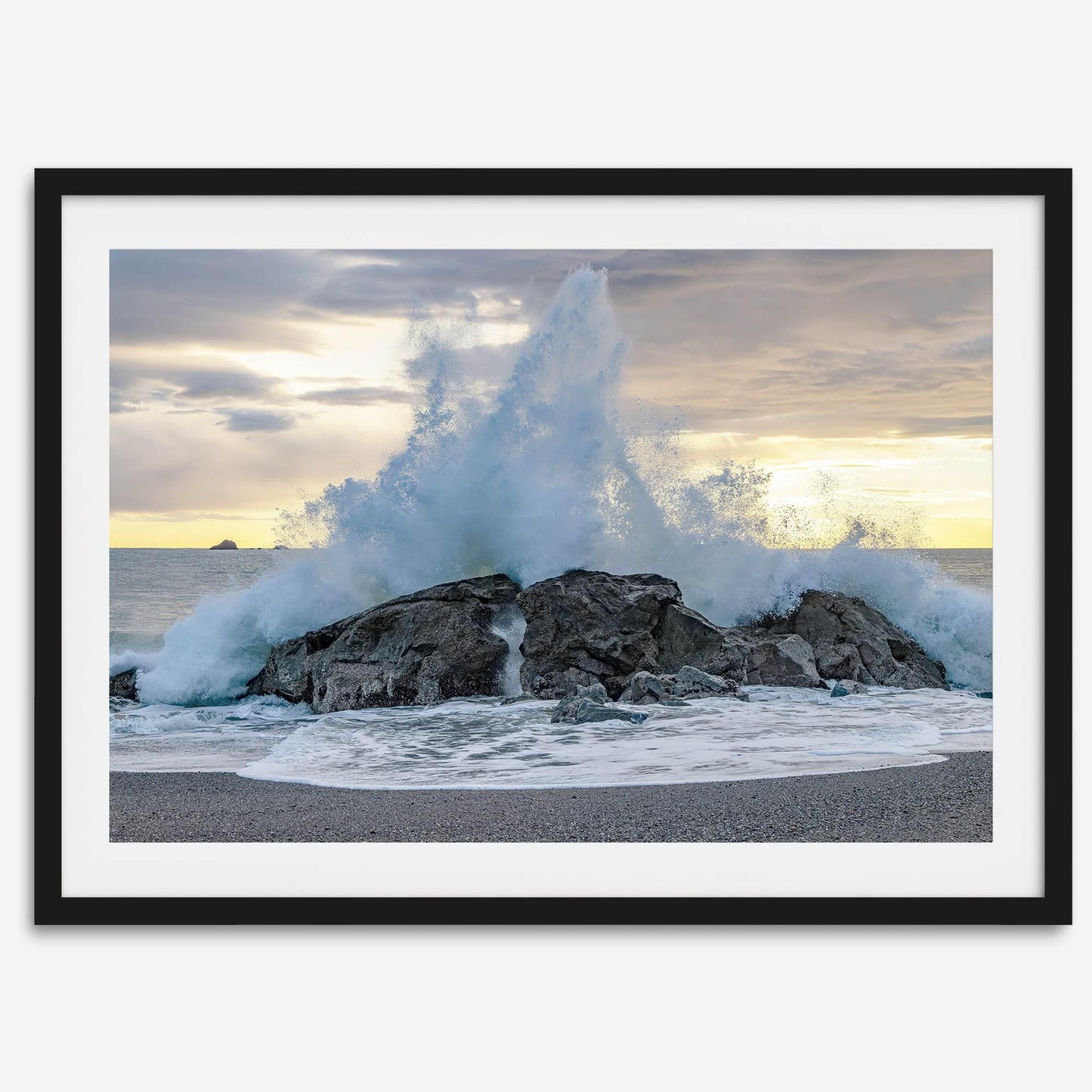 Liquid Fire: Huge wave crashing on a rock at a beautiful Pacific Northwest beach in California.