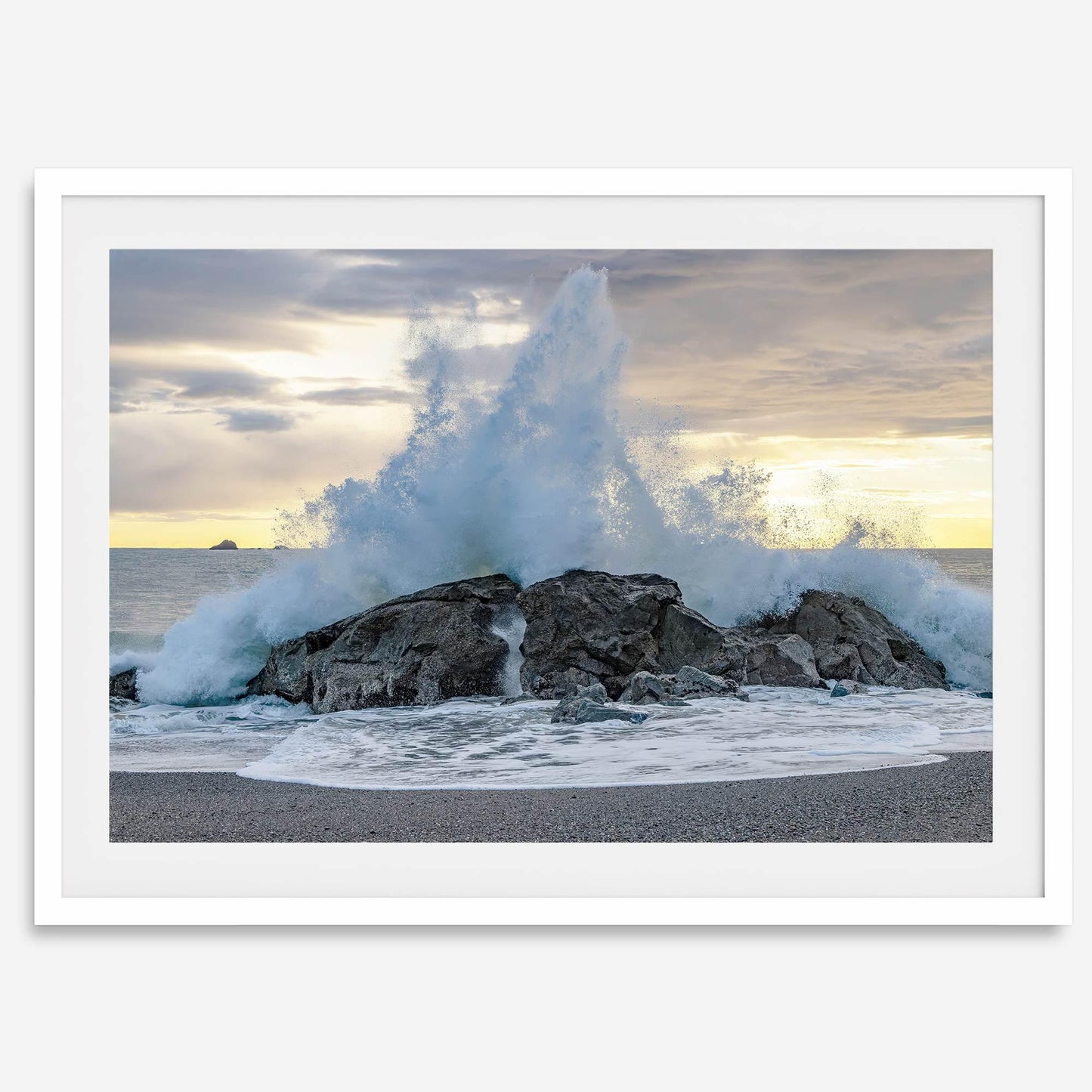 Liquid Fire fine art ocean beach print of a wave crashing on a rock at a Pacific Northwest beach.