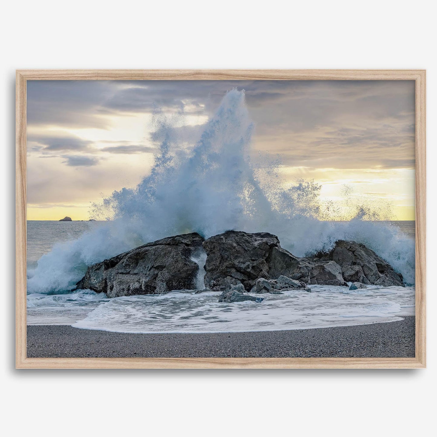 Liquid Fire: Huge wave crashing on a rocky beach at sunset in the Pacific Northwest.