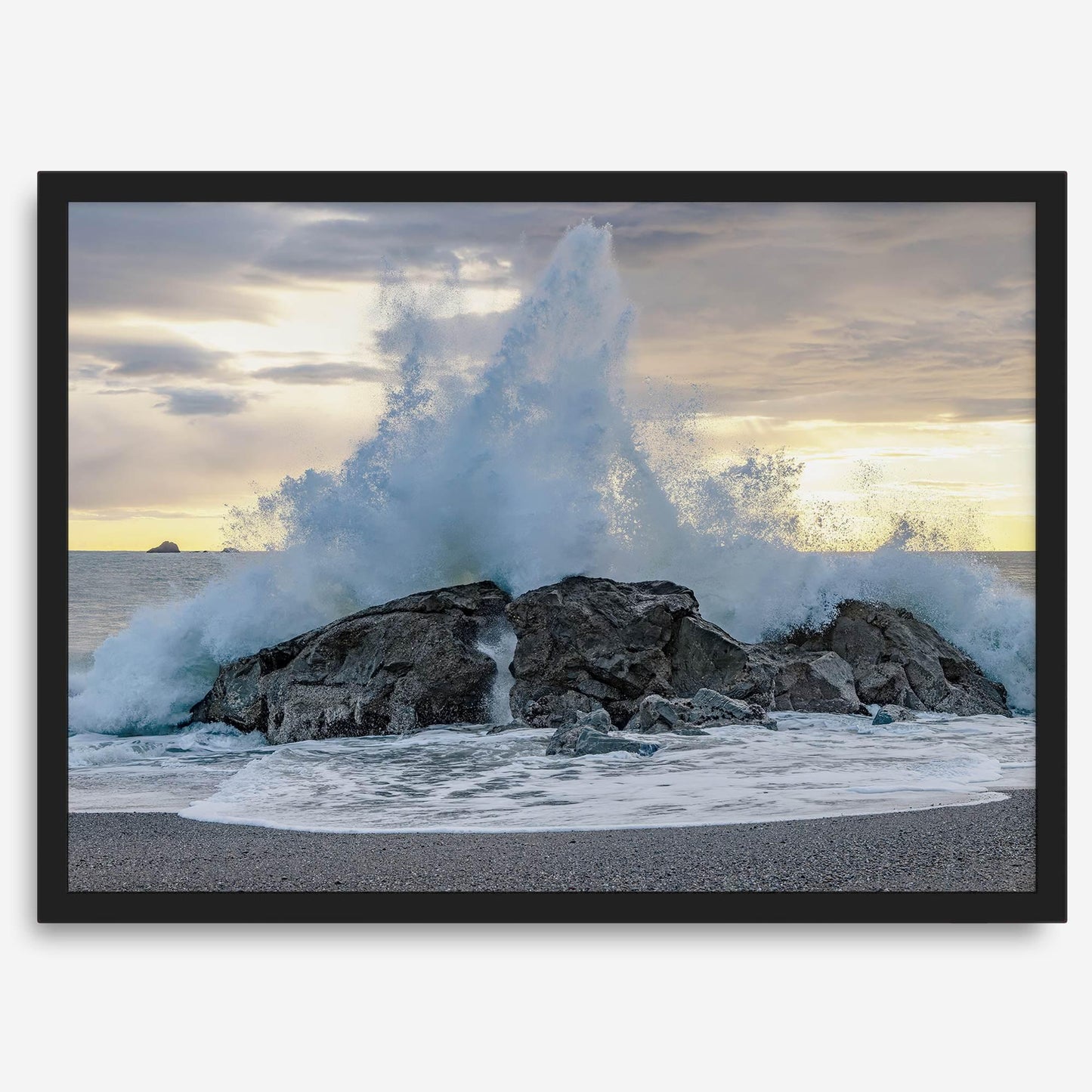 Liquid Fire: stunning ocean beach print of a huge wave crashing on a rock at a Pacific Northwest beach.