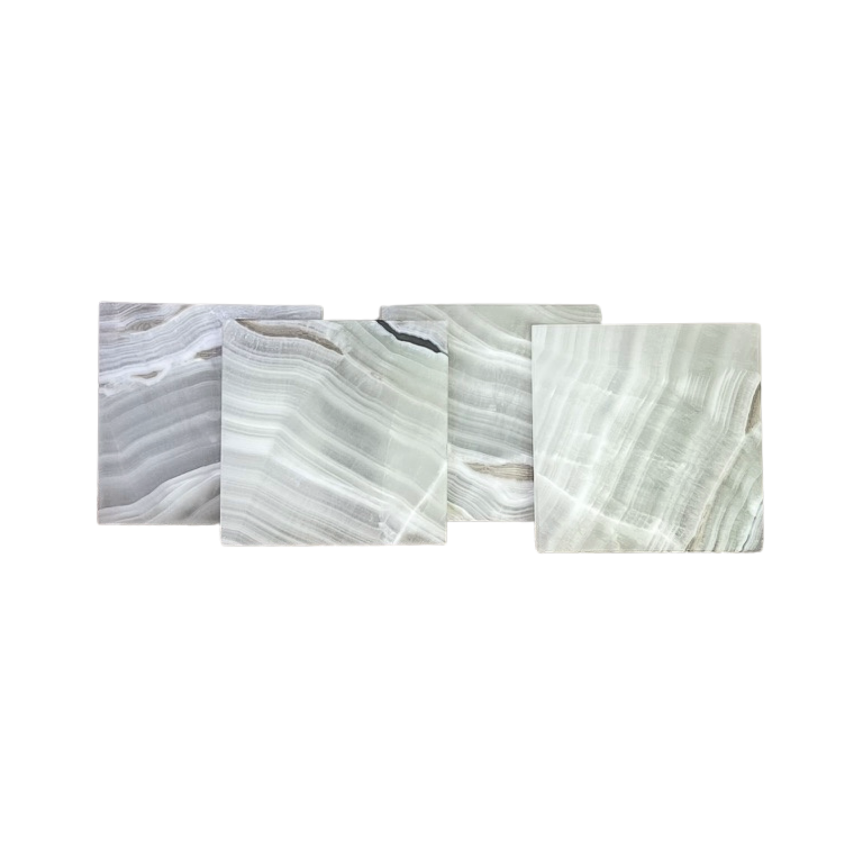 Onyx Coasters - Sage set of 4, showcasing unique patterns and honed finish for protecting surfaces.