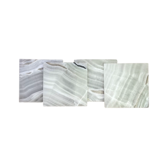 Onyx Coasters - Sage set of 4, showcasing unique patterns and honed finish for protecting surfaces.