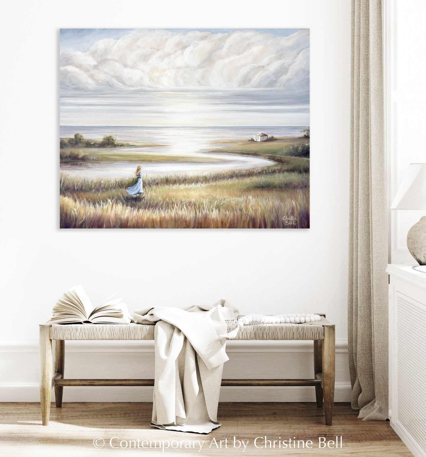 "In Her Own World" GICLÉE PRINT Landscape Oil Painting, Coastal Seascape Beach Figurative w/ Girl  30x24"