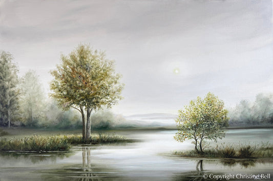 "Stillness" GICLÉE PRINT Landscape Oil Painting, Trees, Meadow, Reflections Water